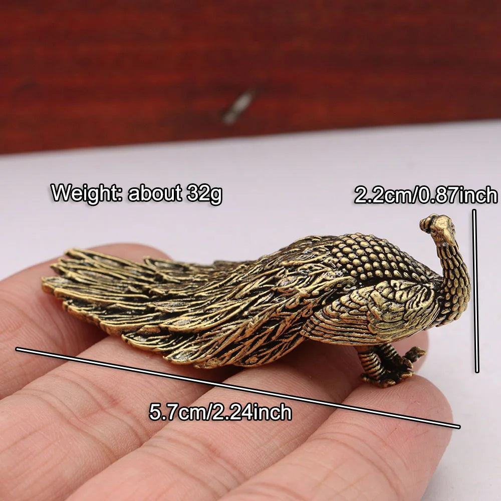 Brass Long Tailed Peacock Figurines Desktop Ornament Vintage Animal Peafowl Bird Small Statue Home Decoration Crafts Accessories