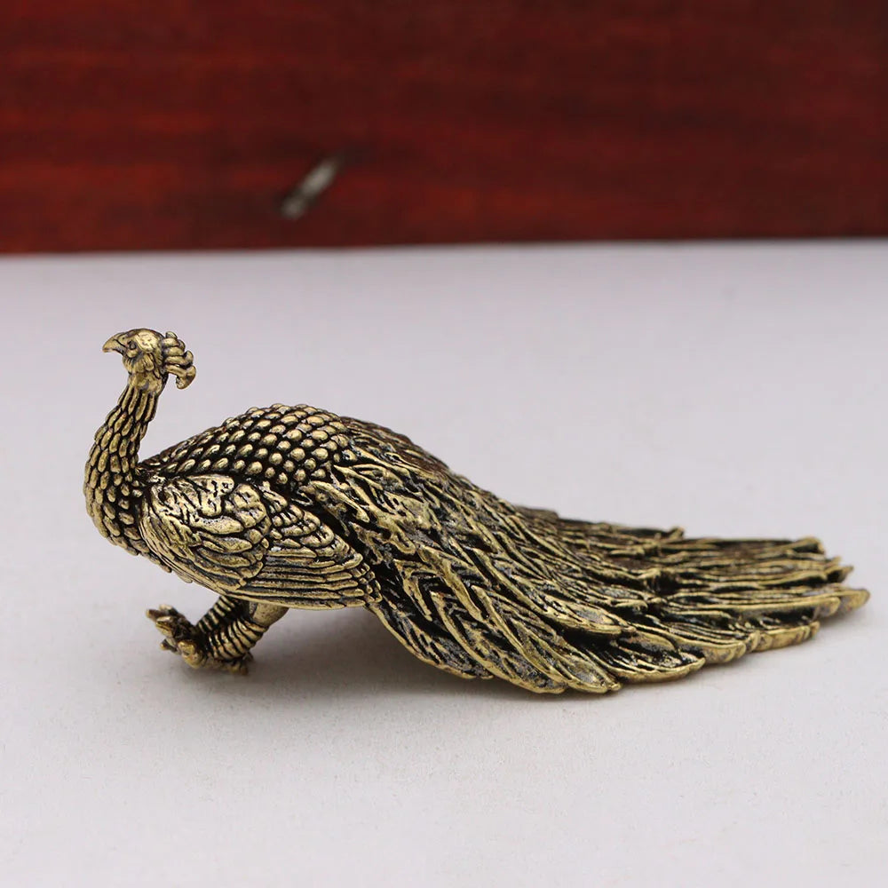 Brass Long Tailed Peacock Figurines Desktop Ornament Vintage Animal Peafowl Bird Small Statue Home Decoration Crafts Accessories