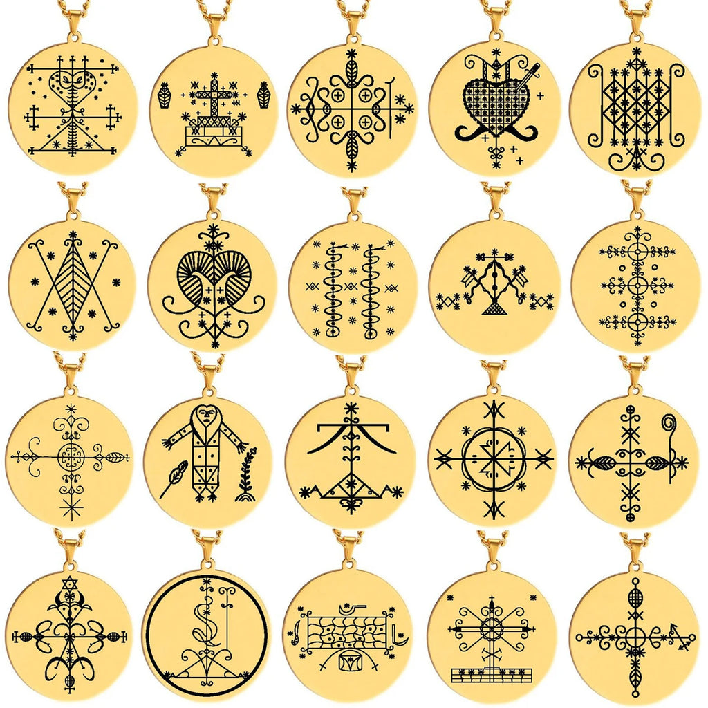 Stainless Steel Jewelry Voodoo Veve Symbols Sigil Charm Vodou Lwa Loa Laser Engraving Amulet Talisman Pendant Necklace