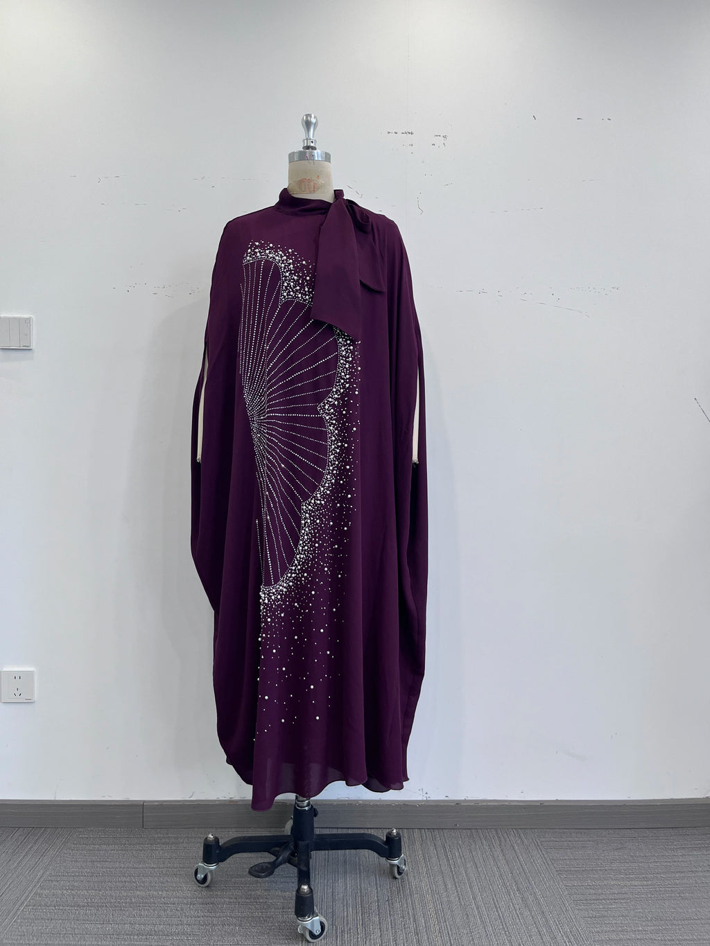 TOLEEN Luxury Rhinestone Fan Pattern Abaya Bow Collar Batwing Sleeve Loose Maxi Kaftan Dubai Muslim Party Dress For Women