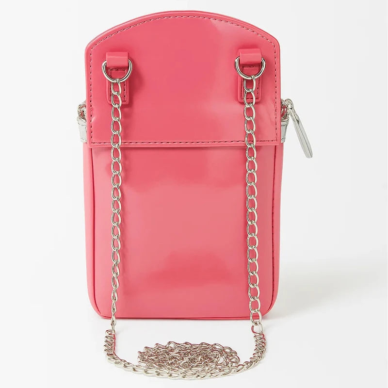 Pink Phone Bag Thin Chain Shoulder Strap Design Crossbody Bag Contrasting Colors Box Shaped Bag With Pendant Zipper Square Bag