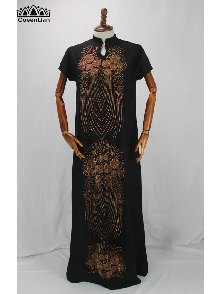 New African Design Bazin  Long Stick Diamond Short Sleeve High Collar Dashiki  For Lady african print dresses