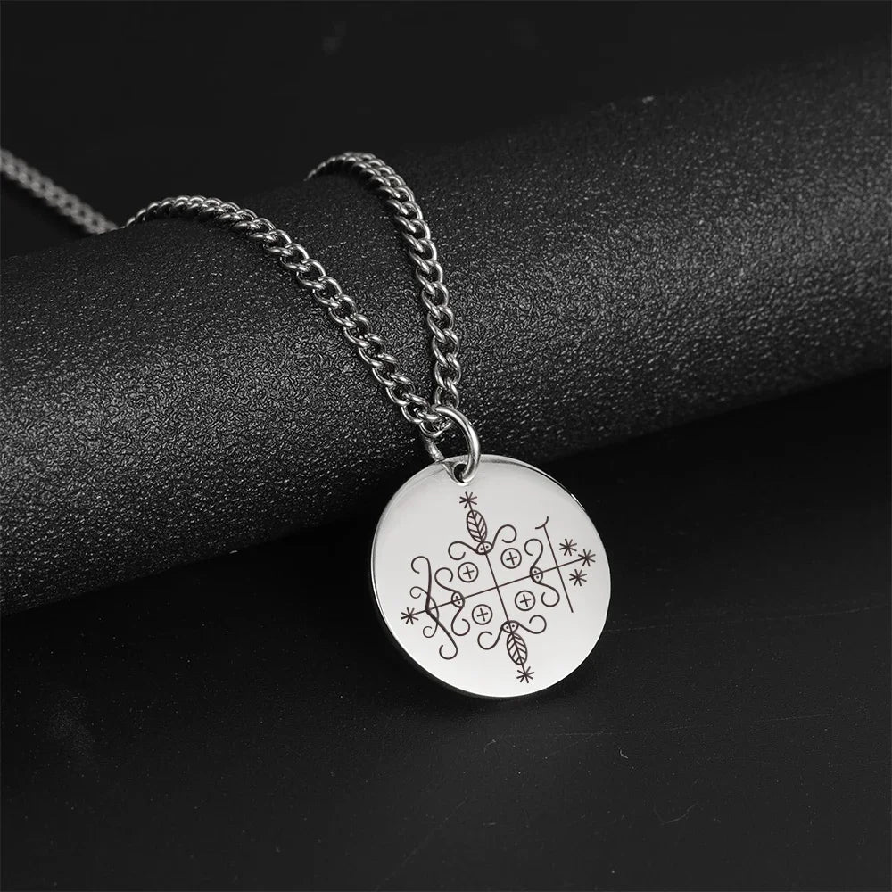 LIKGREAT Vodou Voodoo Pendant Necklaces Stainless Steel Agwe Ezili Dantor Ogoun Gran Bwa Papa Legba Veves Symbol Amulet Jewelry