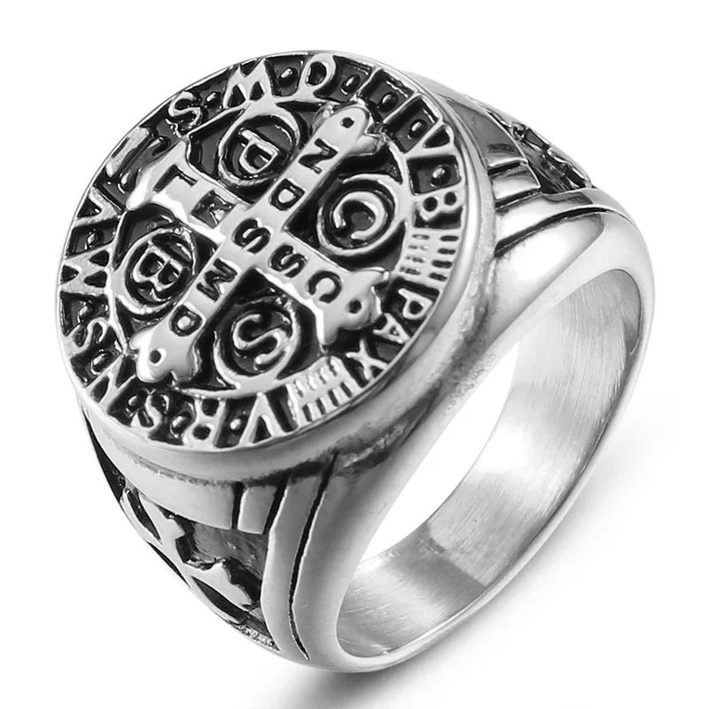 Religious Saint Benedict Cross Ring Antique Silver Plated Metal Catholic Exorcism Church Men Jewelry Gift Wholesale