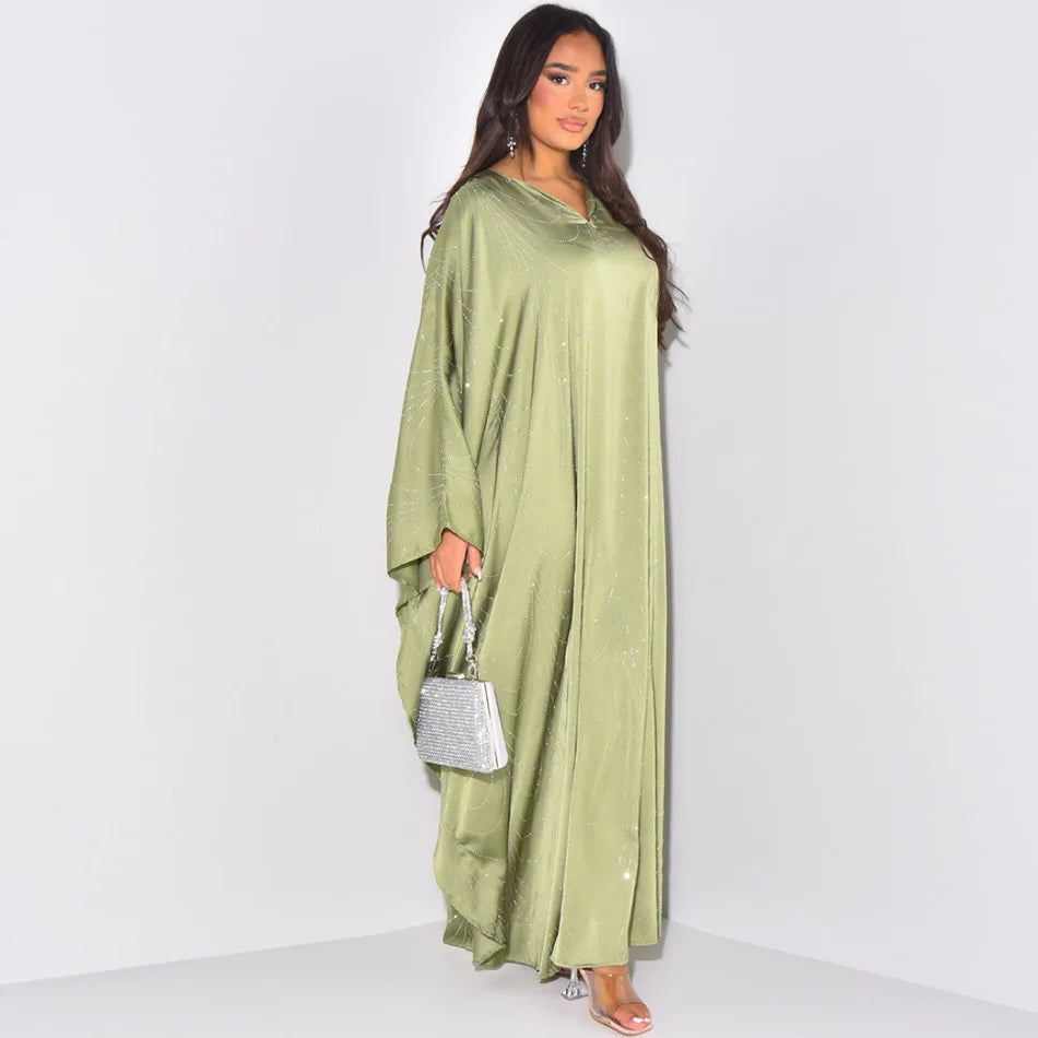 Muslim Women Loose Fit Rhinestone Wave Embellished V Neck Open Front Abaya Dress Wide Sleeve Modest Dress