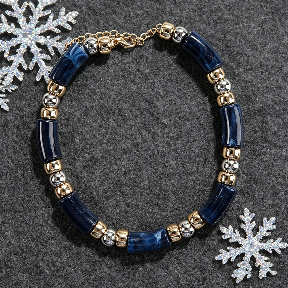 Navy Blue Marble Effect Tube Bead Statement Necklace With Gold And Silver Tone Spacers Boho Jewelry For Womens Fall Winter