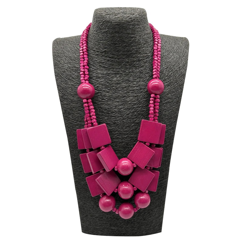 Boho Red Geometric Woods Necklaces For Women Long Wooden Beads Pendant Statement Necklace Beaded Ethnic Jewelry Handmade