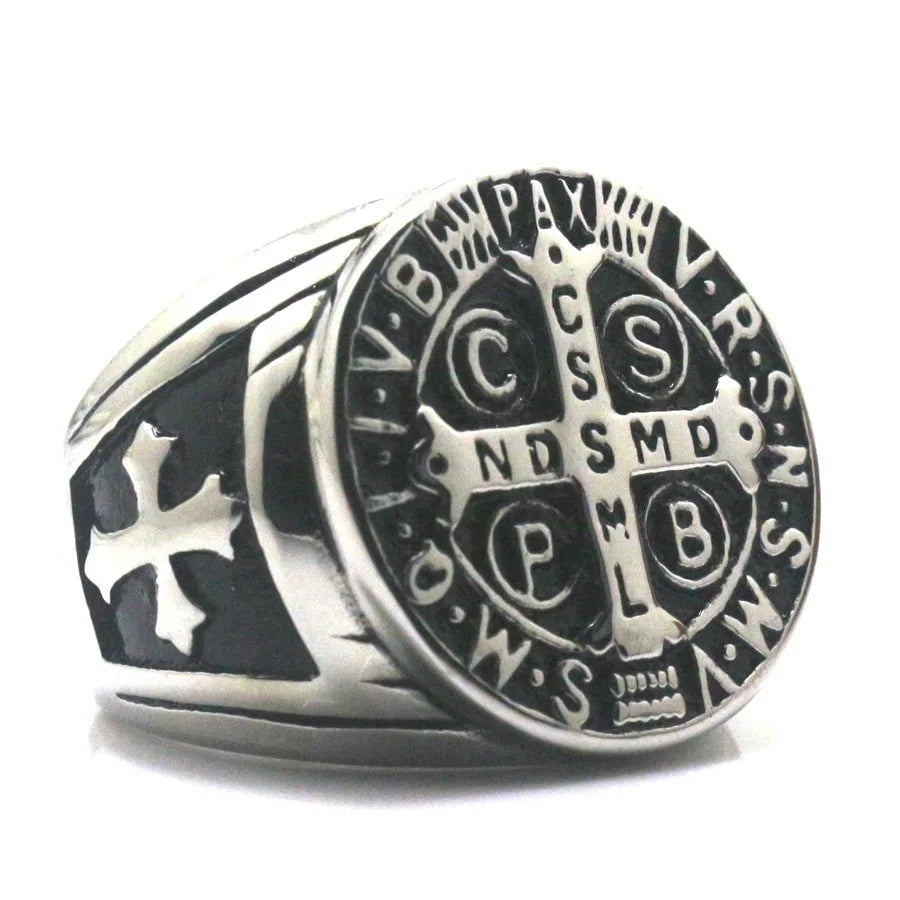 Religious Saint Benedict Cross Ring Antique Silver Plated Metal Catholic Exorcism Church Men Jewelry Gift Wholesale
