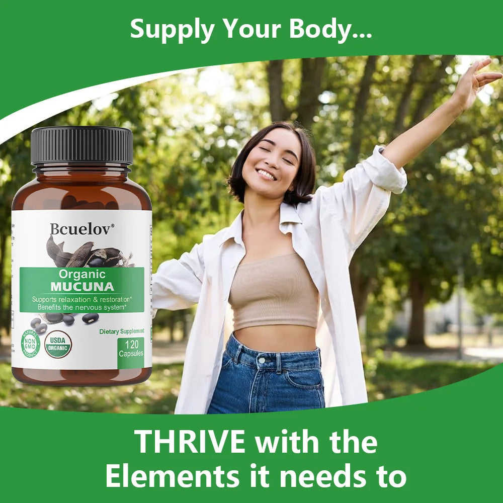 Organic Mucuna Capsules - Supports Relaxation and Well-Being - Natural Herbal Supplement for Nervous System Health