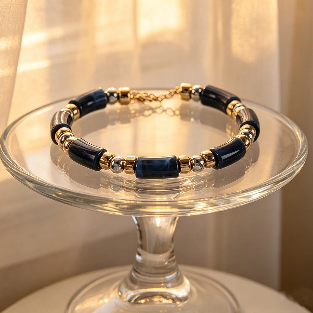 Navy Blue Marble Effect Tube Bead Statement Necklace With Gold And Silver Tone Spacers Boho Jewelry For Womens Fall Winter