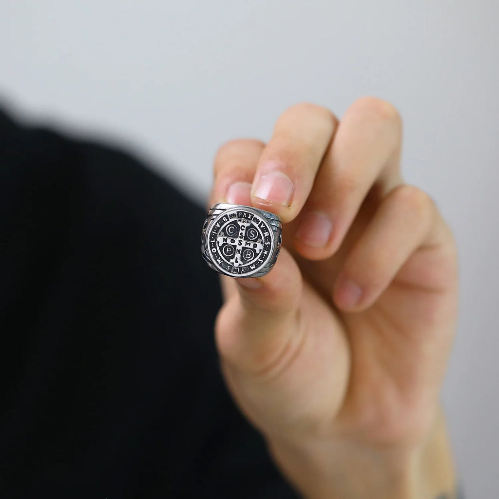 Religious Saint Benedict Cross Ring Antique Silver Plated Metal Catholic Exorcism Church Men Jewelry Gift Wholesale