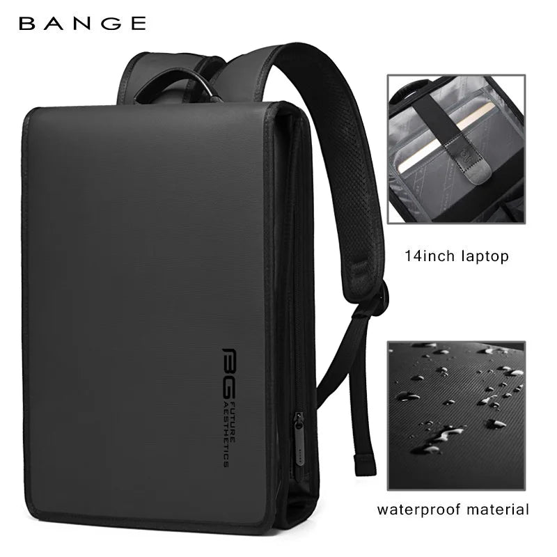 BANGE Simple Design Slim Backpack For Men 14 Inch Laptop Bag Waterproof Minimalist Flat Business Backpack Casual Travel Work Bag