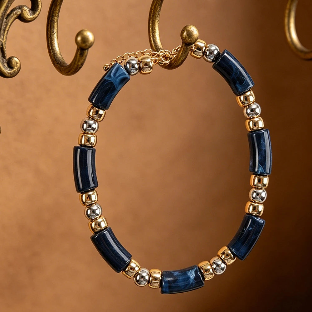 Navy Blue Marble Effect Tube Bead Statement Necklace With Gold And Silver Tone Spacers Boho Jewelry For Womens Fall Winter