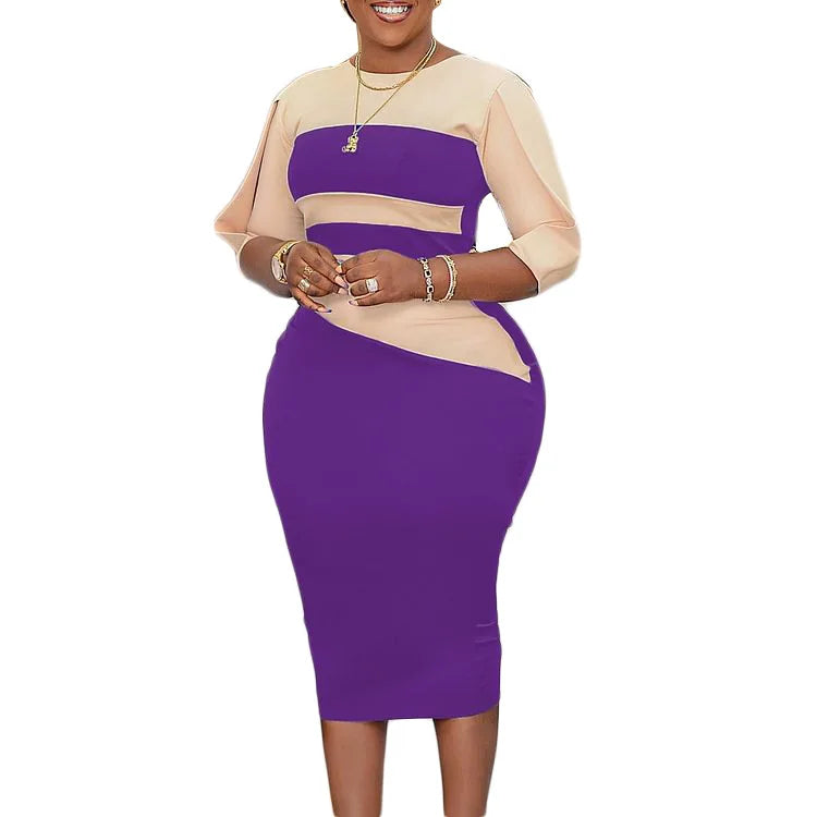 Women Dress for Work Elegant Office O Neck Three Quarter Sleeve Patchwork Sheath Package Hips Mid Calf Professional Business Hot