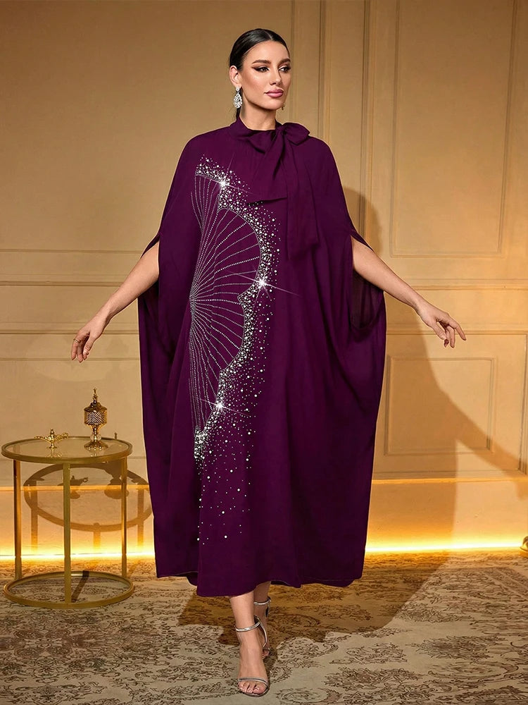TOLEEN Luxury Rhinestone Fan Pattern Abaya Bow Collar Batwing Sleeve Loose Maxi Kaftan Dubai Muslim Party Dress For Women