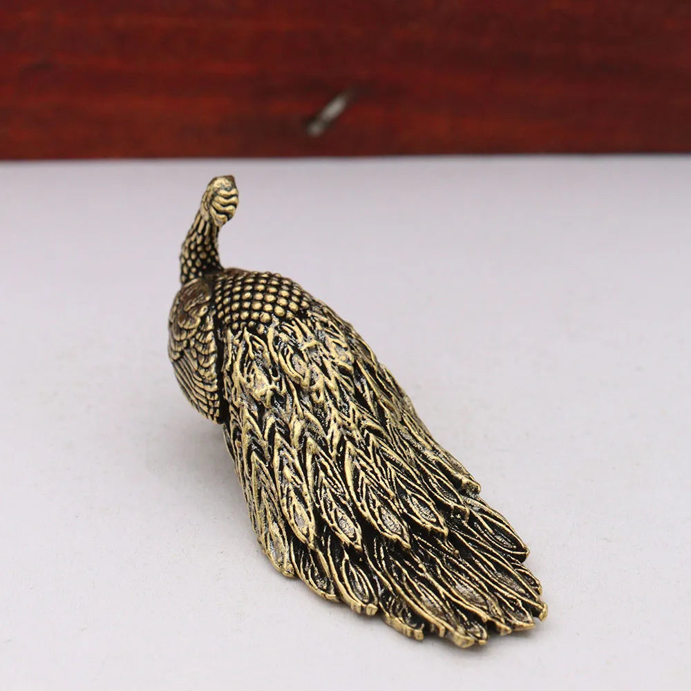 Brass Long Tailed Peacock Figurines Desktop Ornament Vintage Animal Peafowl Bird Small Statue Home Decoration Crafts Accessories