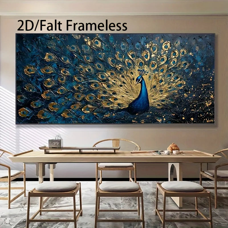 2D/Flat Large Modern Elegant Peacock Canvas Wall Art Unframed Abstract Vivid Blue and Golden Canvas Prints for Living Room Decor