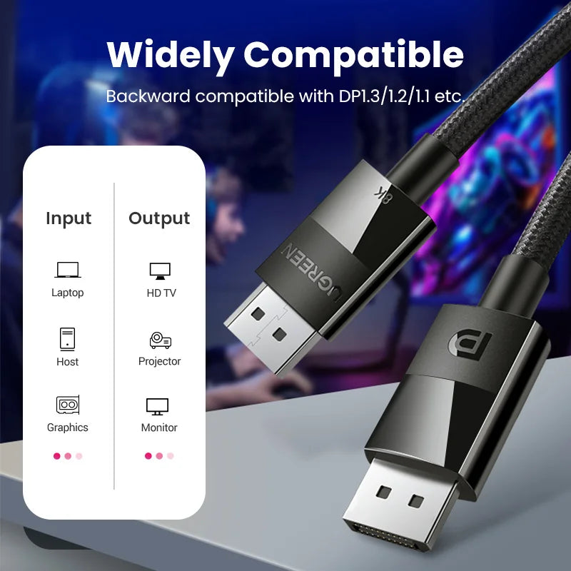 UGREEN DisplayPort Cable 8K DP 1.4 Adapter for TV Xiaomi 2K165Hz 32.4Gbps for PUBG Gaming Play for PC Computer Monitor Projector