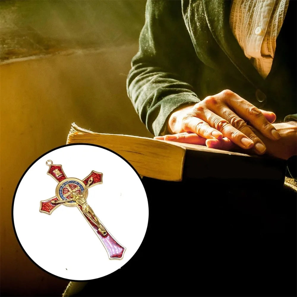 Saint Benedict Benedictine Red Enamel Protection Wall Crucifix Cross Catholic San Benito Medal Prayer Decoration