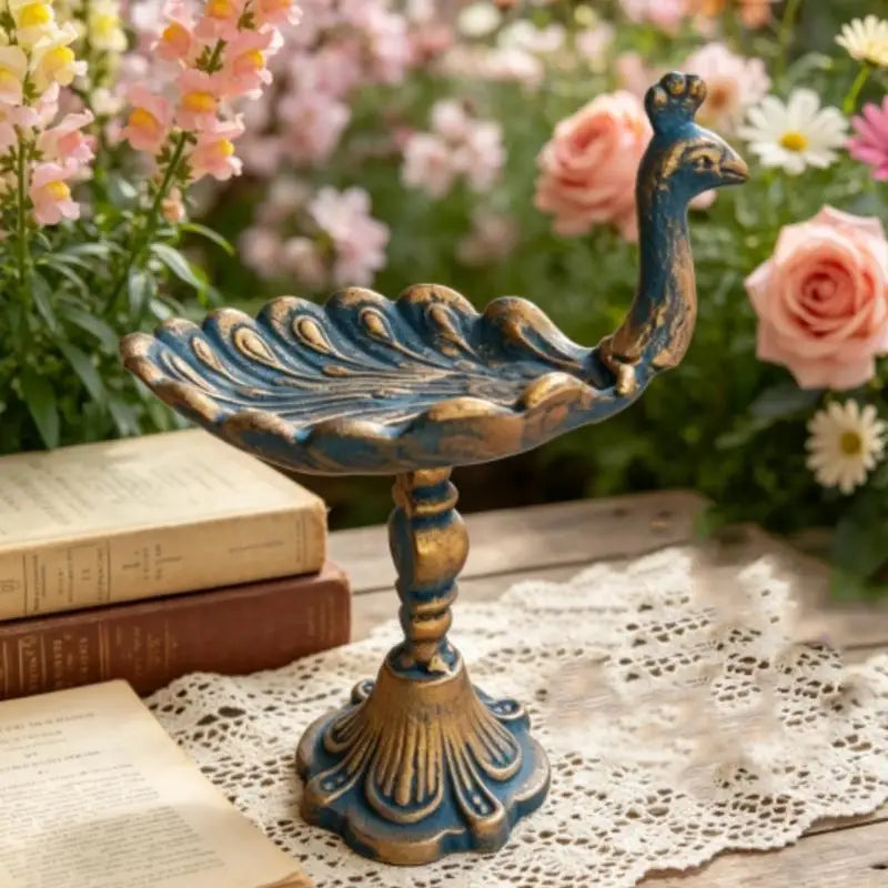 Peacocks Holders Cast Iron Antique Decorative Tray Bird Feeder with Raised Feathered Detail for Home Garden Patios 37JD