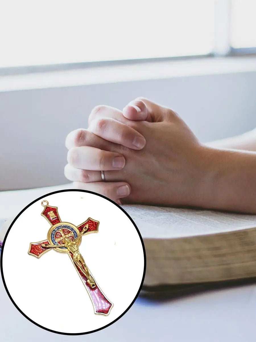 Saint Benedict Benedictine Red Enamel 4.7X2.7 Inch Protection Wall Crucifix Cross Catholic San Benito Medalla Prayer Decoration