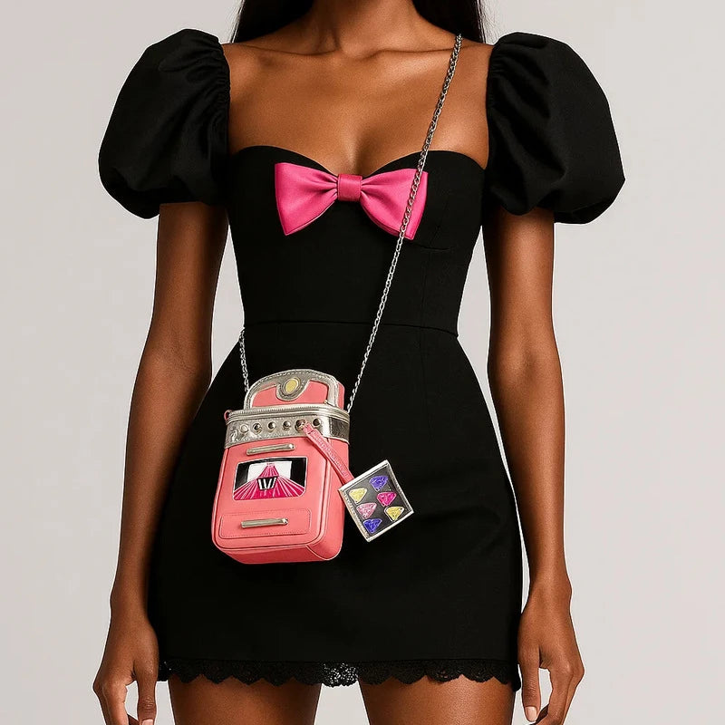 Pink Phone Bag Thin Chain Shoulder Strap Design Crossbody Bag Contrasting Colors Box Shaped Bag With Pendant Zipper Square Bag