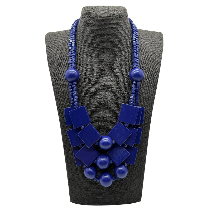 Boho Red Geometric Woods Necklaces For Women Long Wooden Beads Pendant Statement Necklace Beaded Ethnic Jewelry Handmade