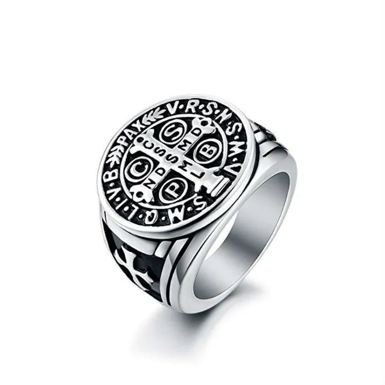 Religious Saint Benedict Cross Ring Antique Silver Plated Metal Catholic Exorcism Church Men Jewelry Gift Wholesale