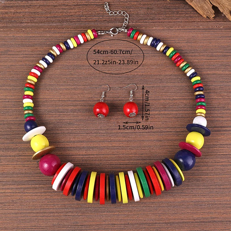 African Jewelry Set Wood Beads Necklace Set Bohemia Vintage Beaded Choker for Women Earrings Set Wedding Party Jewelry Gifts