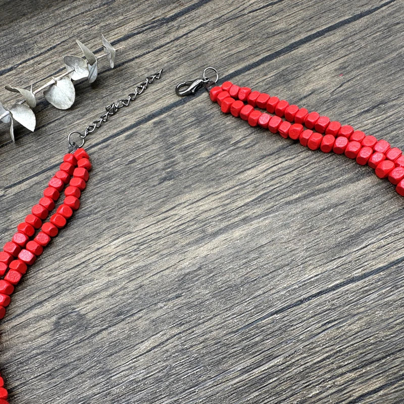Boho Red Geometric Woods Necklaces For Women Long Wooden Beads Pendant Statement Necklace Beaded Ethnic Jewelry Handmade