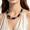 Navy Blue Marble Effect Tube Bead Statement Necklace With Gold And Silver Tone Spacers Boho Jewelry For Womens Fall Winter