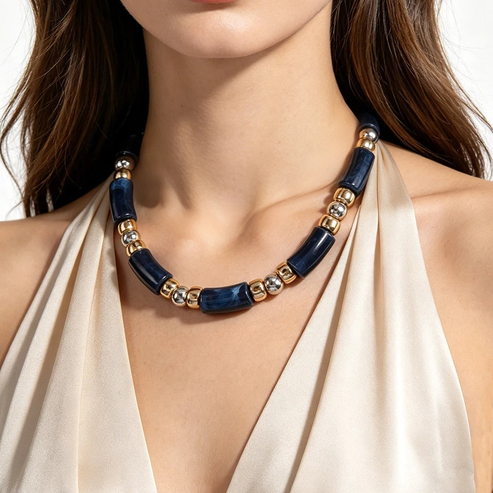 Navy Blue Marble Effect Tube Bead Statement Necklace With Gold And Silver Tone Spacers Boho Jewelry For Womens Fall Winter