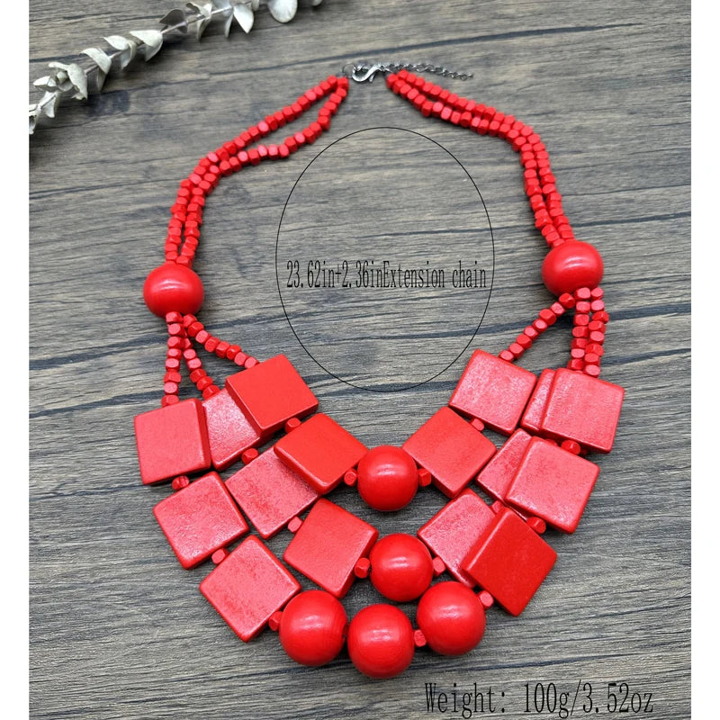 Boho Red Geometric Woods Necklaces For Women Long Wooden Beads Pendant Statement Necklace Beaded Ethnic Jewelry Handmade