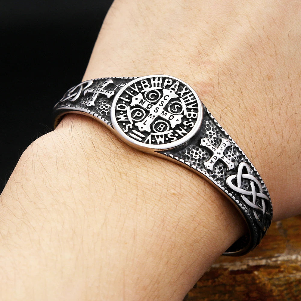 New Classic Saint Benedict CSPB Bracelet For Men Women Stainless Steel Fashion Cross Opening Bangles Biker Jewelry Dropshipping