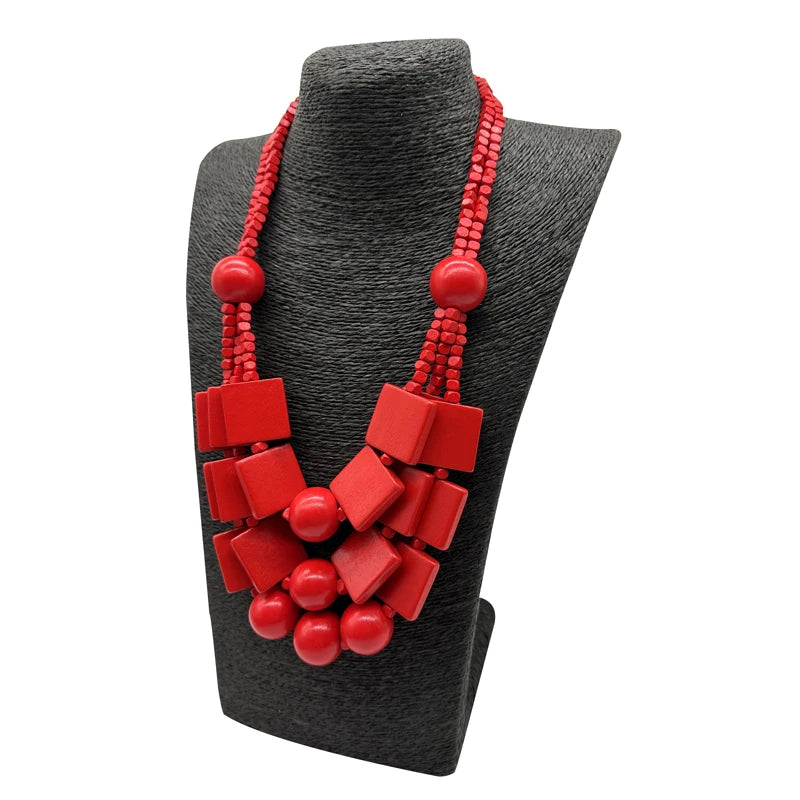 Boho Red Geometric Woods Necklaces For Women Long Wooden Beads Pendant Statement Necklace Beaded Ethnic Jewelry Handmade