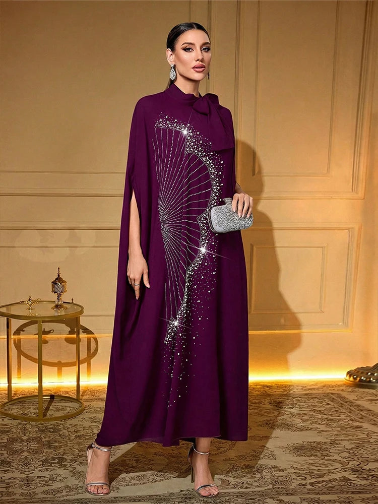 TOLEEN Luxury Rhinestone Fan Pattern Abaya Bow Collar Batwing Sleeve Loose Maxi Kaftan Dubai Muslim Party Dress For Women