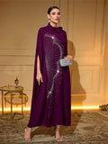 TOLEEN Luxury Rhinestone Fan Pattern Abaya Bow Collar Batwing Sleeve Loose Maxi Kaftan Dubai Muslim Party Dress For Women