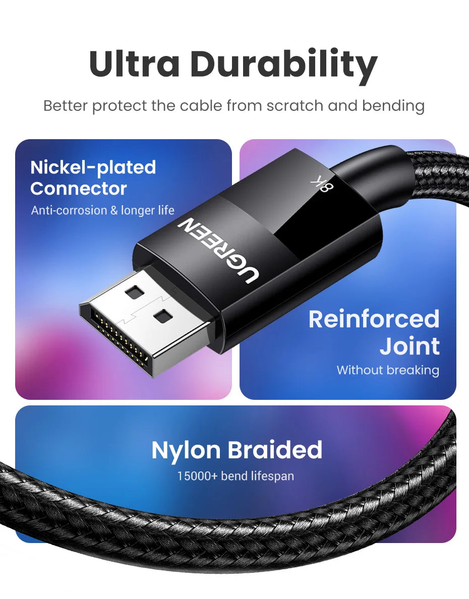 UGREEN DisplayPort Cable 8K DP 1.4 Adapter for TV Xiaomi 2K165Hz 32.4Gbps for PUBG Gaming Play for PC Computer Monitor Projector