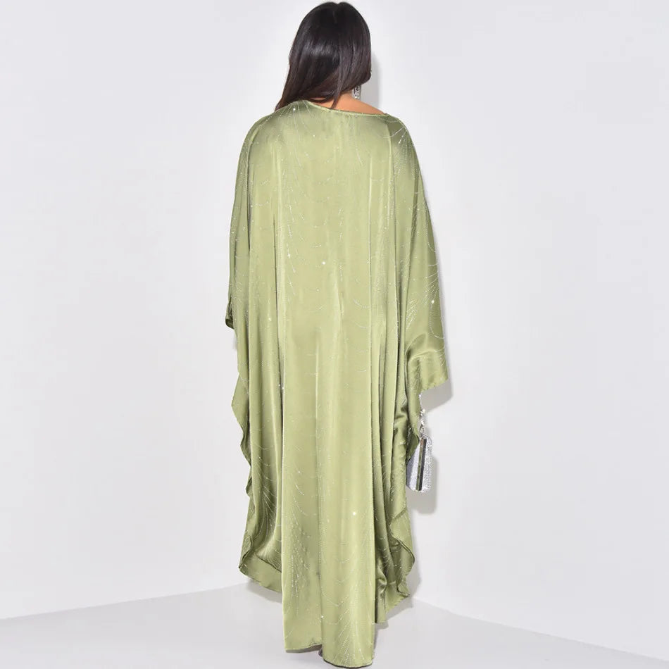 Muslim Women Loose Fit Rhinestone Wave Embellished V Neck Open Front Abaya Dress Wide Sleeve Modest Dress