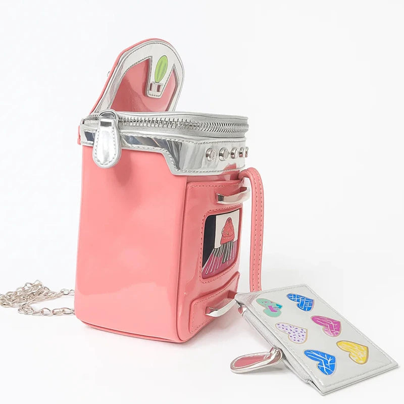 Pink Phone Bag Thin Chain Shoulder Strap Design Crossbody Bag Contrasting Colors Box Shaped Bag With Pendant Zipper Square Bag