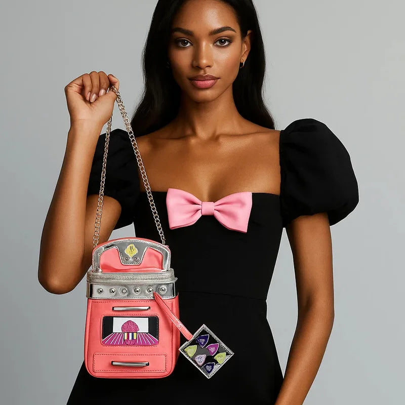 Pink Phone Bag Thin Chain Shoulder Strap Design Crossbody Bag Contrasting Colors Box Shaped Bag With Pendant Zipper Square Bag