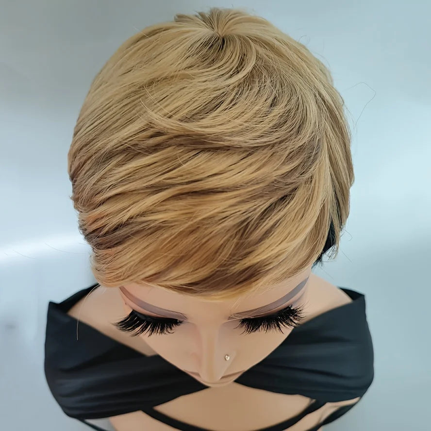 WIGERA Highlight Synthetic Wigs Short Straight Pixie Cut Hair Bob Wig Honey Gold Mix Black Hair For Woman
