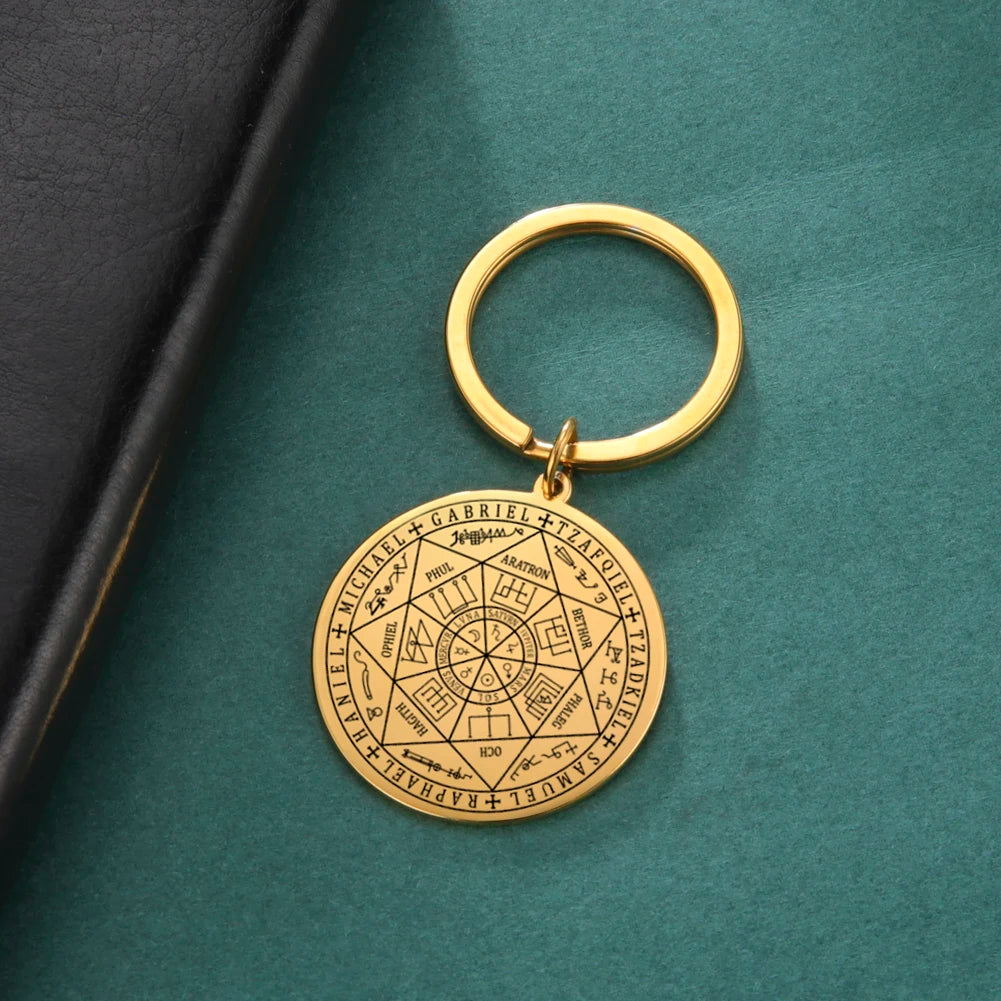 Dawapara Vintage Stainless Steel The Seal of The Seven Archangels Pendant Keychain Kabbalah Protection Amulet