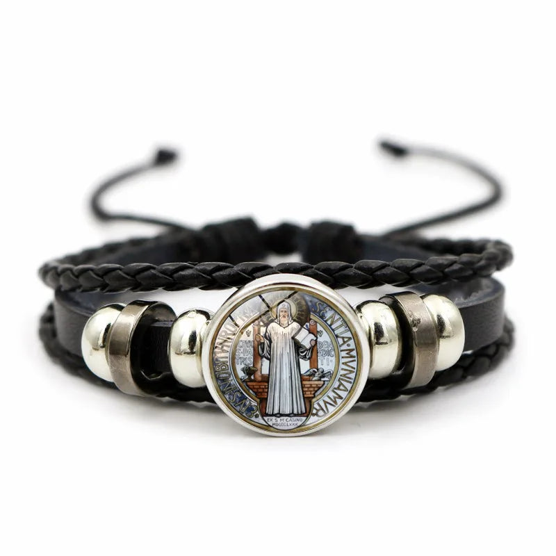 Saint Benedict Medal Leather Bracelet Catholic San Benito Glass Dome Snap Buttons Bangles Men Women Jewelry Accessories