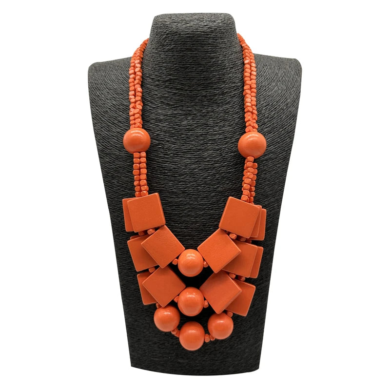 Boho Red Geometric Woods Necklaces For Women Long Wooden Beads Pendant Statement Necklace Beaded Ethnic Jewelry Handmade