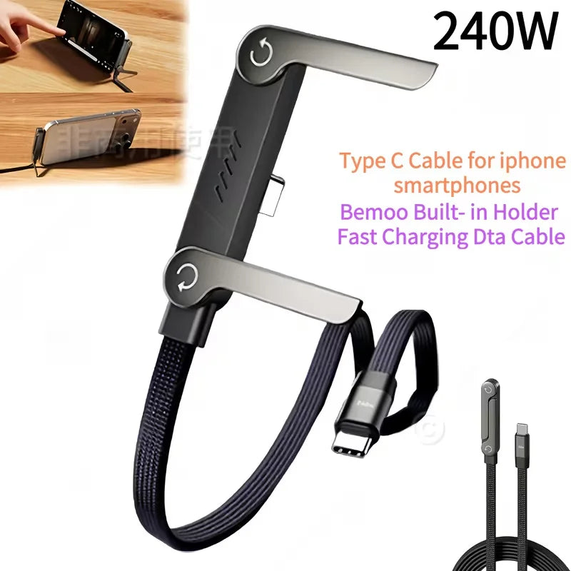 2-in-1 Invisible Holder Charger Cable, 240w Fast Charging Cord with Built-in Phone Stand, Multi Nylon Braided with Hidden Foldin