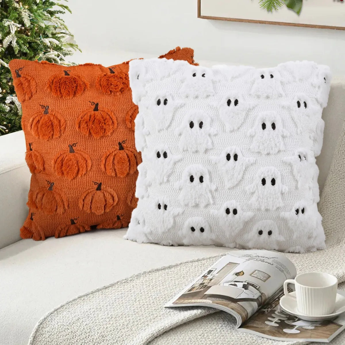 Halloween Pumpkin Ghost Plush Pillowcase Cover Fun Holiday Decoration Cushion for Living Room