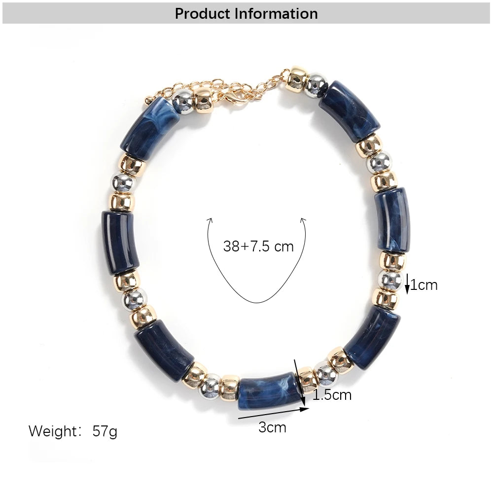 Navy Blue Marble Effect Tube Bead Statement Necklace With Gold And Silver Tone Spacers Boho Jewelry For Womens Fall Winter
