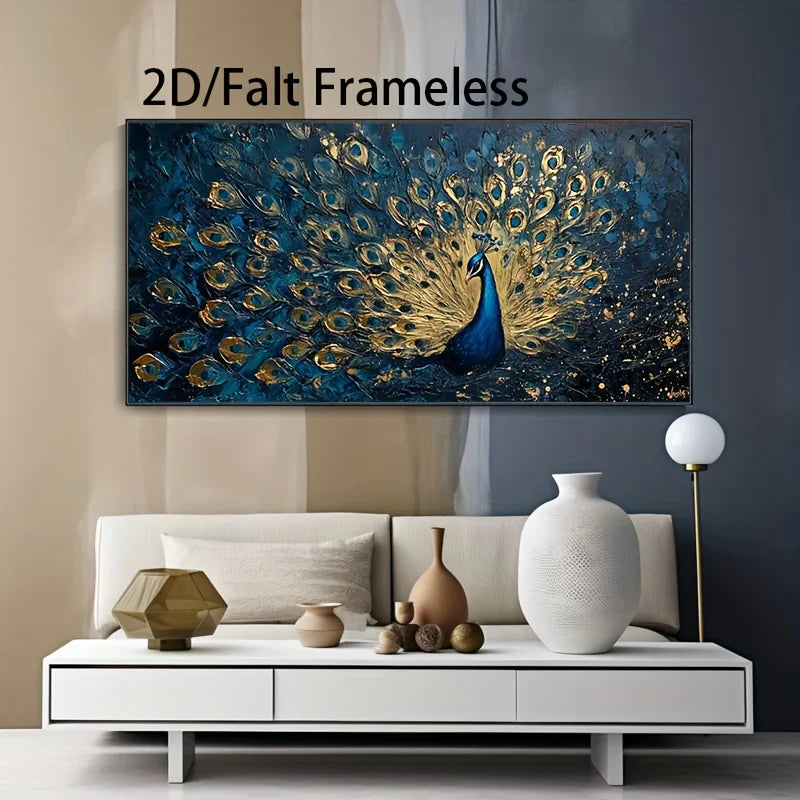 2D/Flat Large Modern Elegant Peacock Canvas Wall Art Unframed Abstract Vivid Blue and Golden Canvas Prints for Living Room Decor