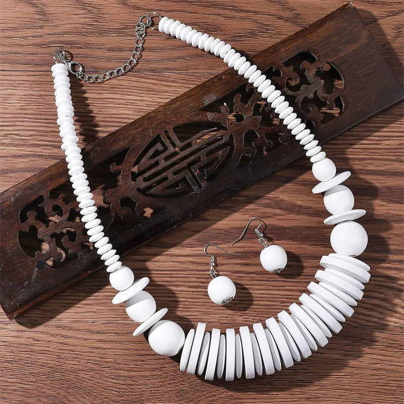 African Jewelry Set Wood Beads Necklace Set Bohemia Vintage Beaded Choker for Women Earrings Set Wedding Party Jewelry Gifts